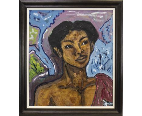 AFRICAN SCHOOL (MID CENTURY), PORTRAIT OF A YOUNG BOY oil on canvas board, signed indistinctly 61cm x 54cm Framed