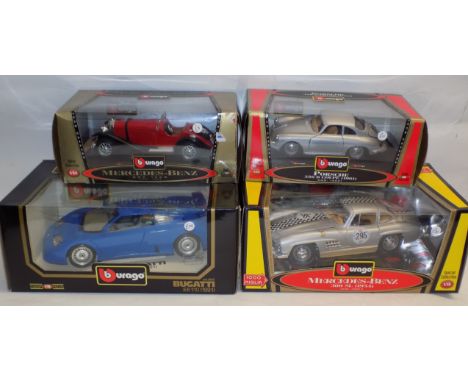 Burago:- four Die-cast, Porsche 356, Mercedes 300 SL, Bugatti EB110 and Mercedes SSK each boxed.