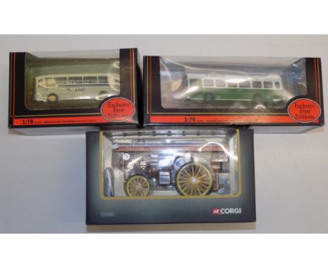 Two Die-cast coaches and Die-cast tractor engine, each boxed.