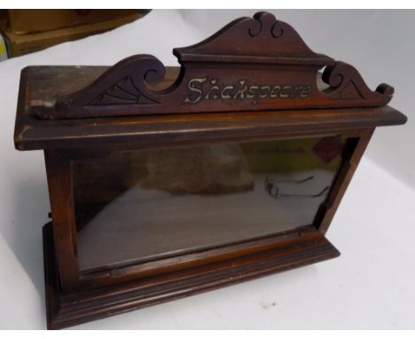MINIATURE WOODEN BOOKCASE. Mahogany glazed bookcase with finial &amp; bun feet, Shakspeare in gilt 10 x 12 inches, mid 19C vg