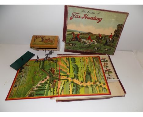 "The Game of Fox Hunting" and early Spears board game with four lead "Flat" hunts persons, original box, play-worn, this toge