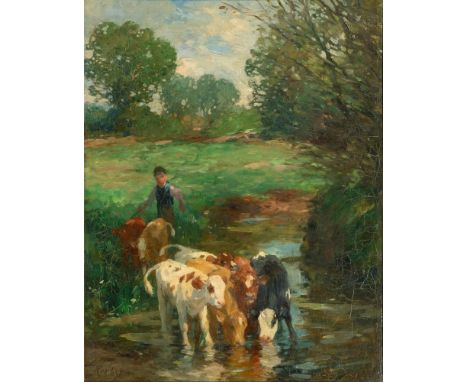 Thomas Herbst (Hamburg 1848 - Hamburg 1915). Kälber an der Tränke. 1901. Öl/Lw. 77,5 x 61 cm. L. u. sign. und dat. Herbst 190