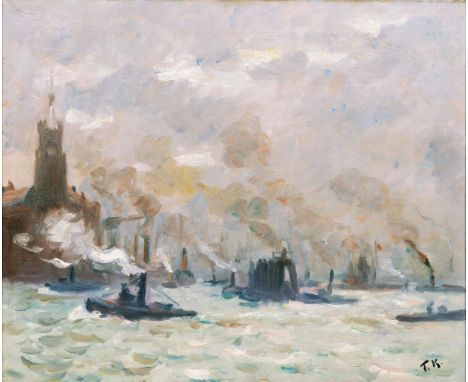Friedrich Kallmorgen (Altona 1856 - Grötzingen 1924). Hamburger Hafen mit Kehrwieder. Öl/lw. 54 x 65,5 cm. Pfefferle-Rahmen. 