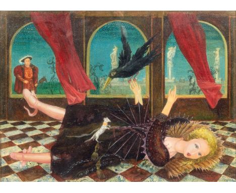 Margit Balla (Budapest 1947). Die Puppe des Königs. Öl/Holz. 25 x 34,5 cm. R. u. sign. Balla, aufwendig unter Glas gerahmt.  