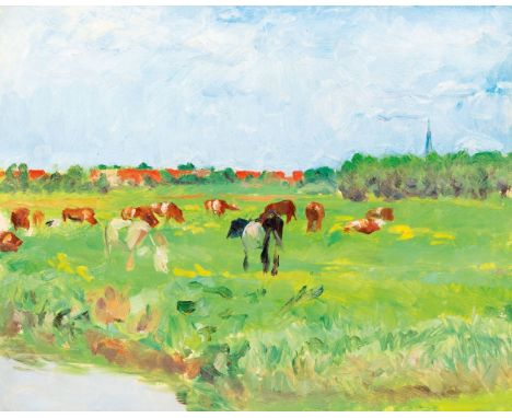 Julius von Ehren (Altona 1864 - Hamburg 1944). Weite Landschaft mit Kühen. Öl/Papier/Lw. 42 x 52 cm. Kl. Randeinriss.   - Ham