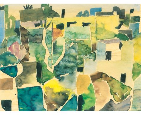 Eduard Bargheer (Hamburg 1901 - Hamburg 1979). Häuser am Meer. 1957. Aquarell. 21,5 x 28 cm. R. u. sign. und dat. Bargheer 57