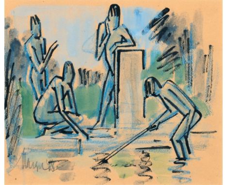 Emil Maetzel (Cuxhaven 1877 - Hamburg 1955). Knaben am Wasser. 1948. Aquarell über Tuschfederzeichnung. 22,5 x 26 cm. L. u. s
