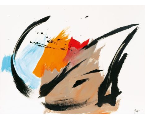 Jean Miotte (Paris 1926 - Pignans 2016). Komposition mit Orange. Acryl/Bütten. 57 x 76 cm. Ungerahmt. R. u. sign. Miotte.   -