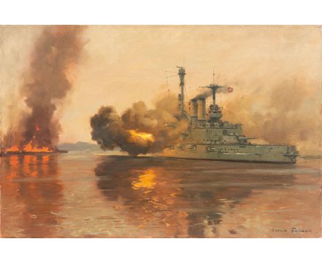 Claus Bergen (Stuttgart 1885 - Lenggries 1964). Beschießung der Westerplatte. Öl/Lw. 50 x 75,5 cm. Ungerahmt. R. u. sign. Cla