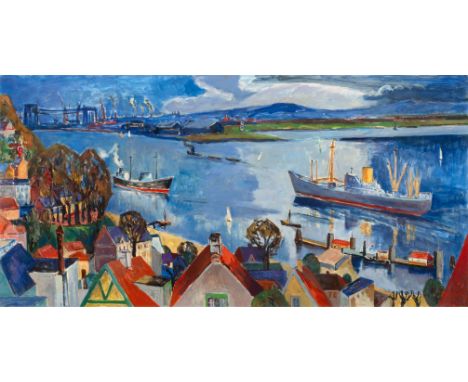 Tom Hops (Hamburg 1906 - Hamburg 1976). Blick über Blankenese auf die Elbe. 1962. Öl/Lw. 100 x 200 cm. R. u. sign. und dat. T