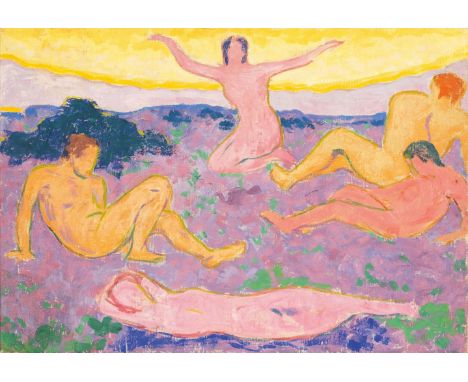 Gustav Gildemeister (Bremen 1876 - Popielany/Litauen 1915). Sonnenanbeter. 1909/10. Öl/Lw. 56 x 79 cm. R. u. dat. 1909/10. Un