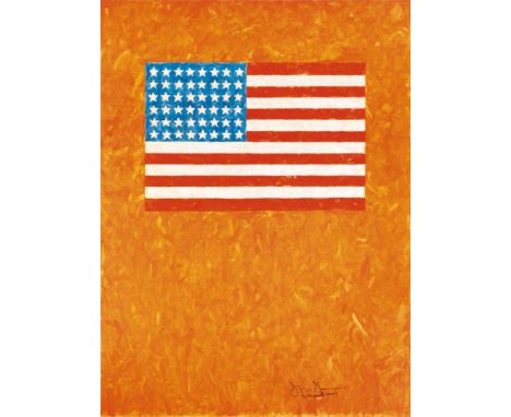 Jasper Johns (Augusta 1938). Flag on orange field. 1997. Farboffset. 80 x 60 cm. Ungerahmt. R. u. sign. und dat. Jasper Johns