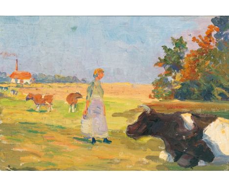 Elisabeth Büchsel (Stralsund 1867 - Stralsund 1957). Auf der Weide. Öl/Lw./Karton. 26 x 38,5 cm.   - Provenienz: Von der Küns