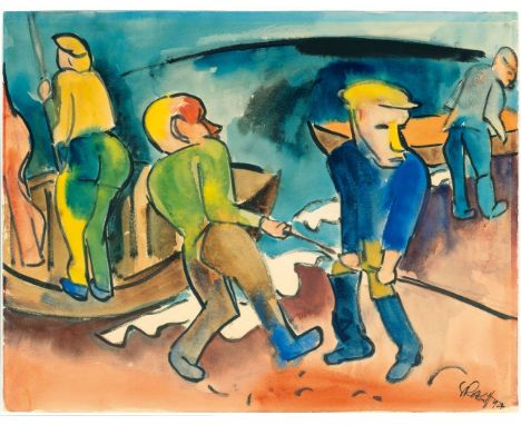 Karl Schmidt-Rottluff (Rottluff 1884 - Berlin 1976). Fischer am Strand. 1924. Aquarell und Tusche. 50 x 64,5 cm. R. u. sign. 