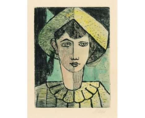 Emil Maetzel (Cuxhaven 1877 - Hamburg 1955). Harlekin. Handkolorierte Kaltnadelradierung. 23 x 17,5 cm. R. u. mit Bleistift s
