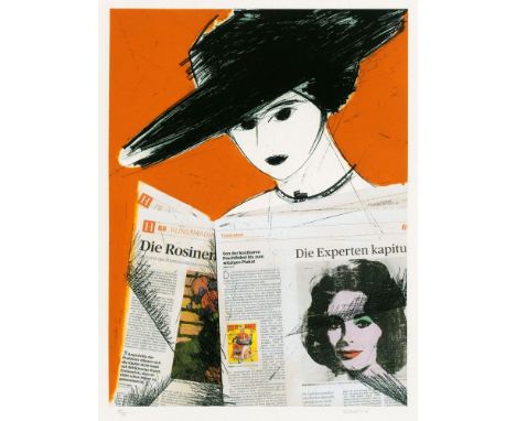 Manolo Valdés (Valencia 1942). Mujer con periódico-Warhol. 2012. Radierung und Collage. 43,5 x 32,5 cm. R. u. mit Bleistift s