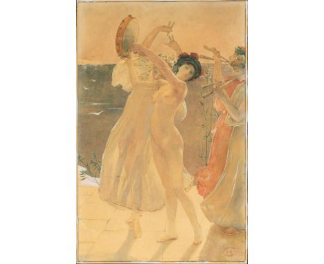 Hans Christiansen (Flensburg 1866 - Wiesbaden 1945). Tanz am Meer. Aquarell, Gouache und Bleistift. 31 x 20 cm. R. u. monogr.