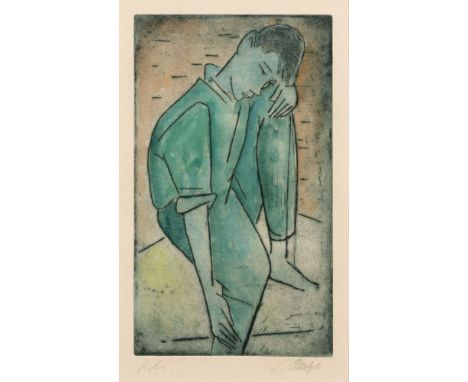 Emil Maetzel (Cuxhaven 1877 - Hamburg 1955). Sitzender Knabe. Handkolorierte Kaltnadelradierung. 35,5 x 21 cm. R. u. mit Blei