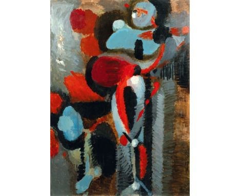 Karl Kluth (Halle/Saale 1898 - Hamburg 1972). Feister Mann schreitend. 1961. Öl/Hartfaser. 141 x 100,5 cm. R. u. monogr. und 