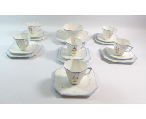 A Windsor China Art Deco tea service with blue spotted design comprising six cups, five saucers, six tea plates, sugar and ca