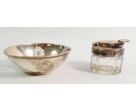 A silver mounted glass travel inkwell, London 1838 and a small silver pierced circular dish, Birmingham 1923 by Deakin &amp; 