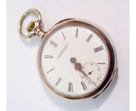 A gents open faced keyless pocket watch, the jewelled movement stamped with Omega logo in white metal case also stamped Omega