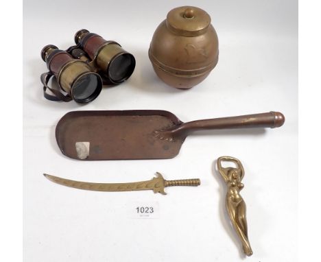 A pair of Dolland field glasses plus British Empire Exhibition tea caddy etc. 