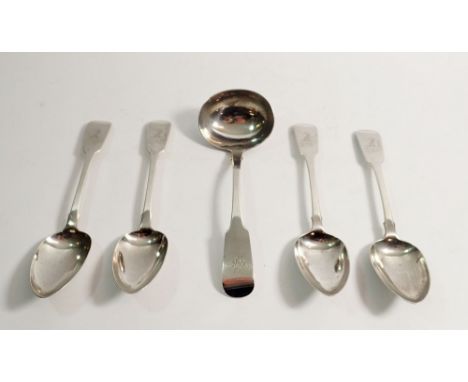 An Irish silver ladle, Dublin 1818, William Cummins and four dessert spoons, Dublin 1839, Christopher Cummins (Junior), 220g