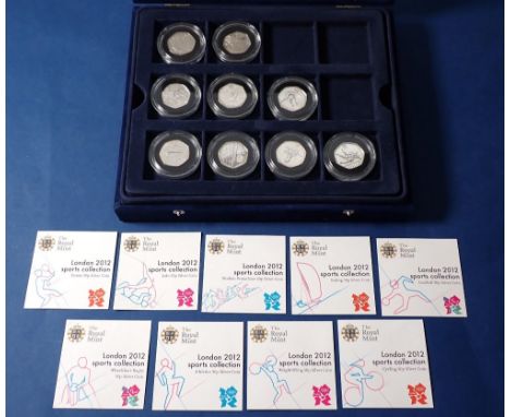 Eight Royal Mint London 2012 Olympic silver 50p coins with COAs in presentation box including sailing, cycling, athletics etc