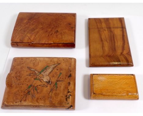 Three burr walnut cigarette boxes and a snuff box 