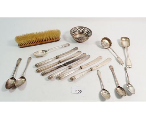 A small group of silver cutlery and a silver trinket dish, 153g plus six silver handled tea knives and a brush
