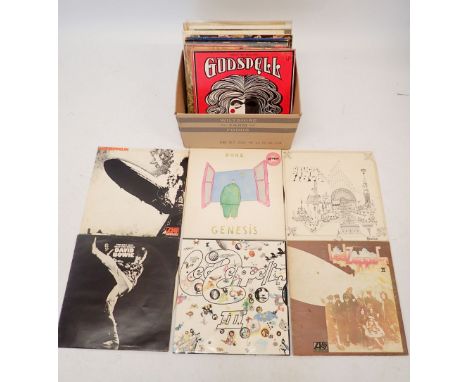 A box of Rock and Roll vinyl records including Led Zeppelin, Pink Floyd, The Rolling Stones etc.