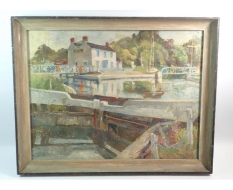 A vintage oil on board canal scene near Stroud  'Saul Junction' 37 x 49cm 