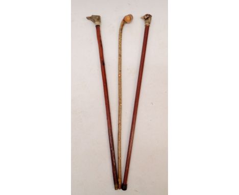 A dogs head walking stick, a pheasant one and one other