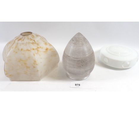 Three glass shades including a Holophane pineapple or acorn shape, 15cm high, a Shaws Patent Made in Saxony oil lamp shade an