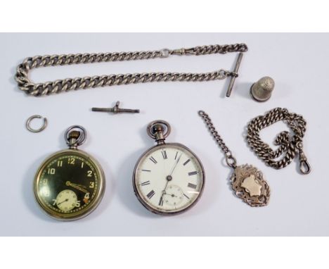 A silver pocket watch and silver fob chains plus a Bravingtons military pocket watch and silver thimble 