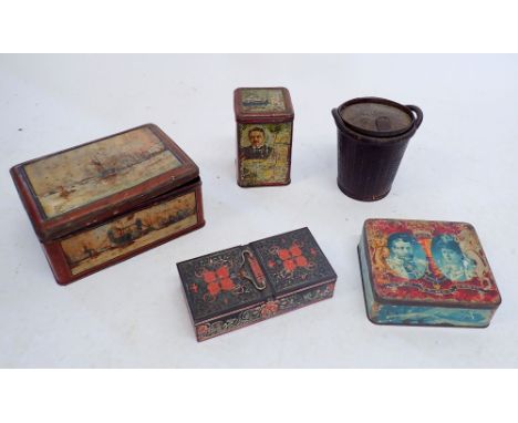 A collection of five vintage tins including a Huntley and Palmer tin in the shape of a wicker basket 