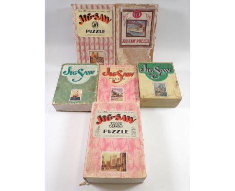 Six Chad Valley wooden jigsaws including trains, ships etc. - all complete