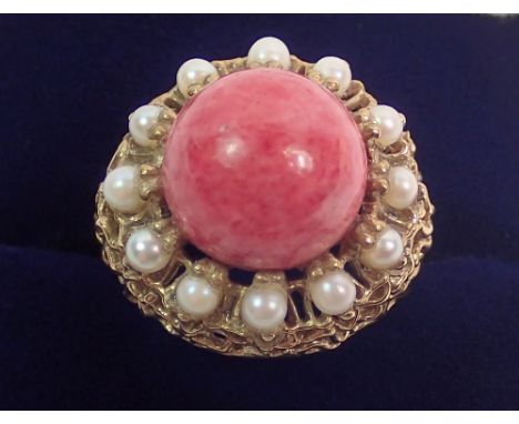 A vintage 9 carat gold cluster ring set rhodonite and pearls with receipt, size O, 8.7g