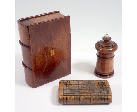 A 19th century book form wooden puzzle box, 10 x 7cm, a puzzle snuff box with tortoiseshell interior and a treen circular box