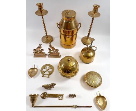 A group of various brass ware including milk churn and Great Exhibition tea caddy 