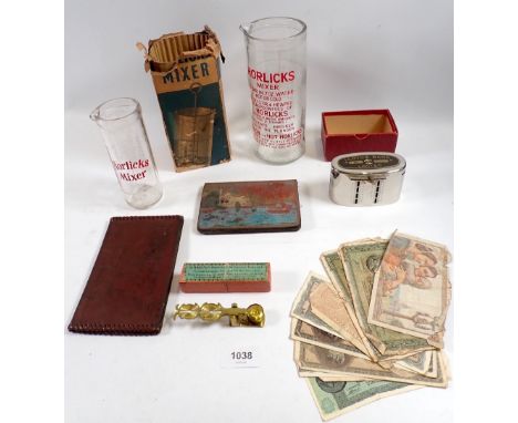 A group of collectables including Horlicks mixer, sovereign scale, Lloyds money box, cut throat razor etc.