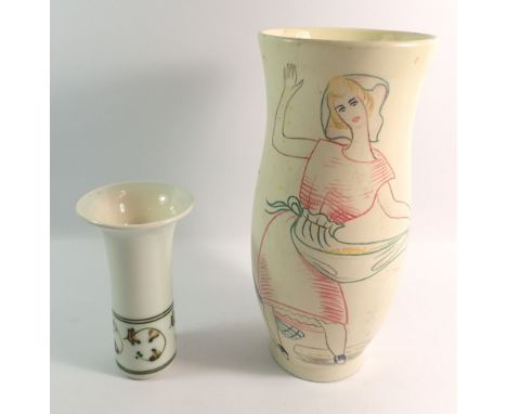 A pottery Cerart of Monaco vase with dancing peasant girl and peacock, signed Dur (chipped to base) 29cm tall and a Rye potte