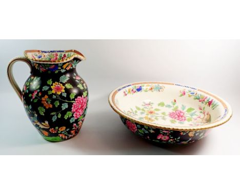 A Copeland Spode Indian Tree on a black ground toiletry jug and bowl 