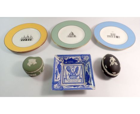 A Spode Blue Room 'Rod &amp; Reel' dish and a Wedgwood Jasperware egg and similar box plus six Wedgwood 'Grand Tour' plates 
