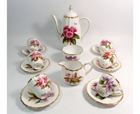 An Edwardian Copeland Spode floral coffee set painted garden flowers comprising coffee pot, sugar, milk and six cups and sauc
