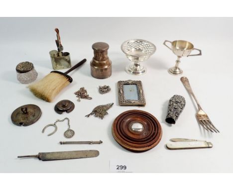 A box of scrap silver and other items including silver plated swizzle stick, silver bladed mother of pearl penknife, picture 