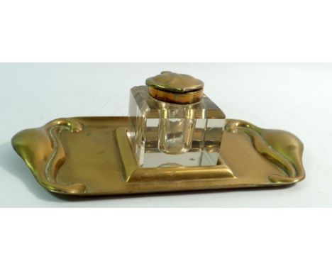 A brass Beldray Art Nouveau inkwell with glass inkwell, 22cm wide