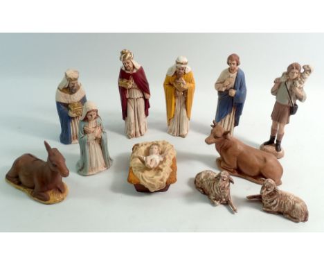 A vintage painted plaster Christmas nativity set, king 12cm