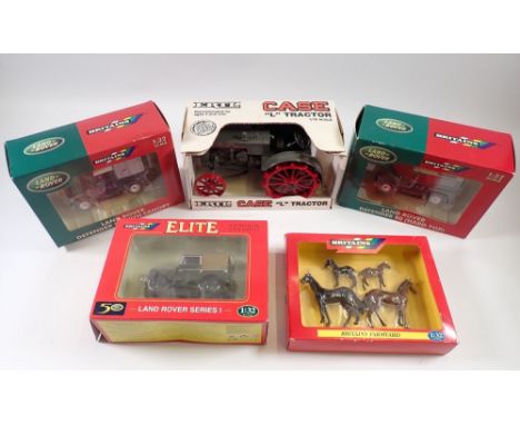 A Britains Land Rover Series I 00174, Land Rover Defender 90 (hard top) 42111 and Land Rover Defender 90 with canopy 42101, a
